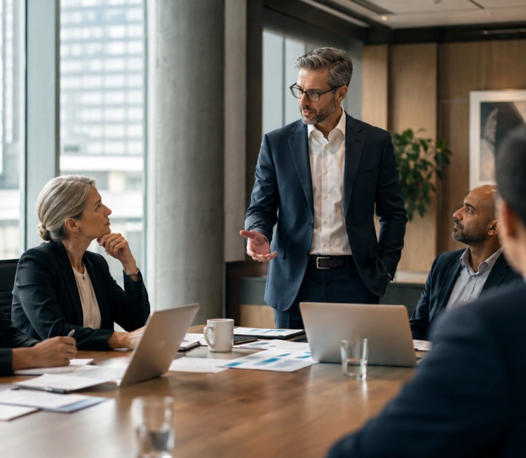 Senior leadership team in a modern office discussing organizational resilience and strategic decision-making during a high-pressure business meeting.